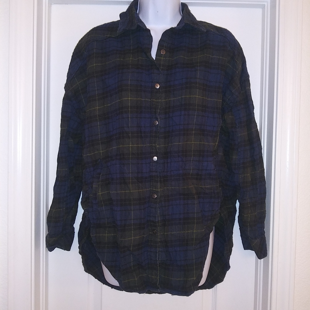 Free People Plaid Distressed Long Sleeve Top